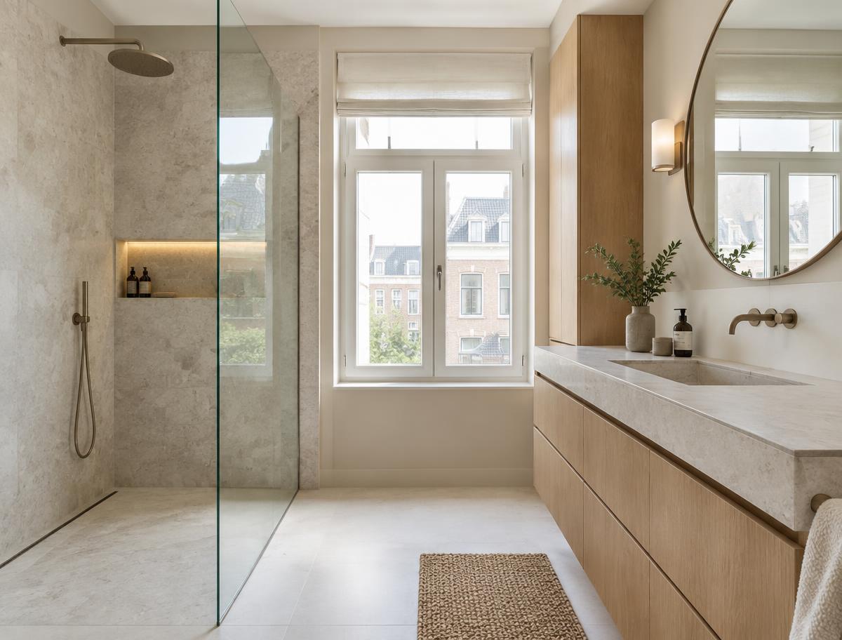 Salle de bain contemporaine en pierre claire
