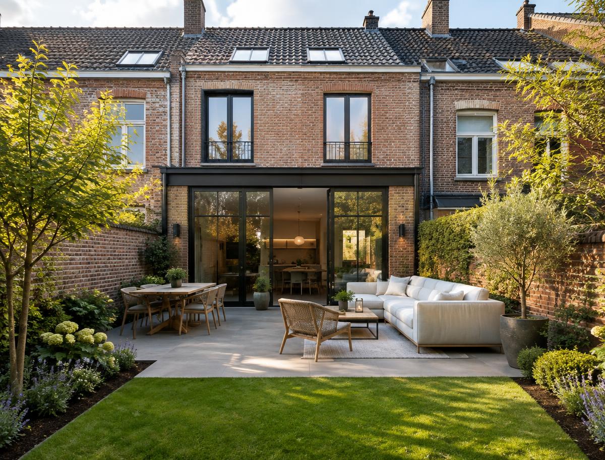 Jardin aménagé et terrasse d’une maison en briques
